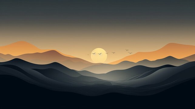A vector representation of an abstract artistic landscape, depicting mountains, birds, and the transition of day and night through a golden line art texture. It stands out against a dark grey