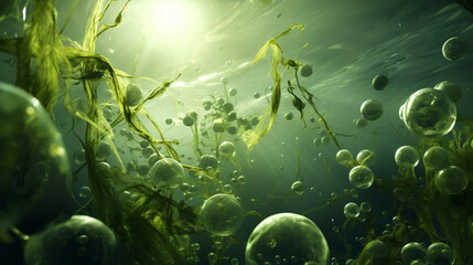 Fototapeta na wymiar Green algae bubbles underwater