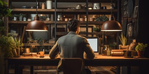 Fototapeta premium a image Back view portrait of a young man using laptop at his workplace, Generative AI