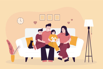 Happy family portrait, people sitting on the sofa. Father, mother, son and daughter together at home. Parents and their children in living room interior