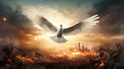 a white dove flies over a burning city, war, battle, symbol of peace, fire, architecture, wings, sky, feathers, chaos, destruction, bird, wing flap, pigeon - obrazy, fototapety, plakaty