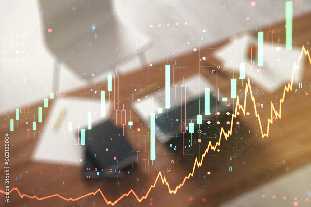 Poster multi exposure of abstract financial diagram and modern desk with computer on background, banking an