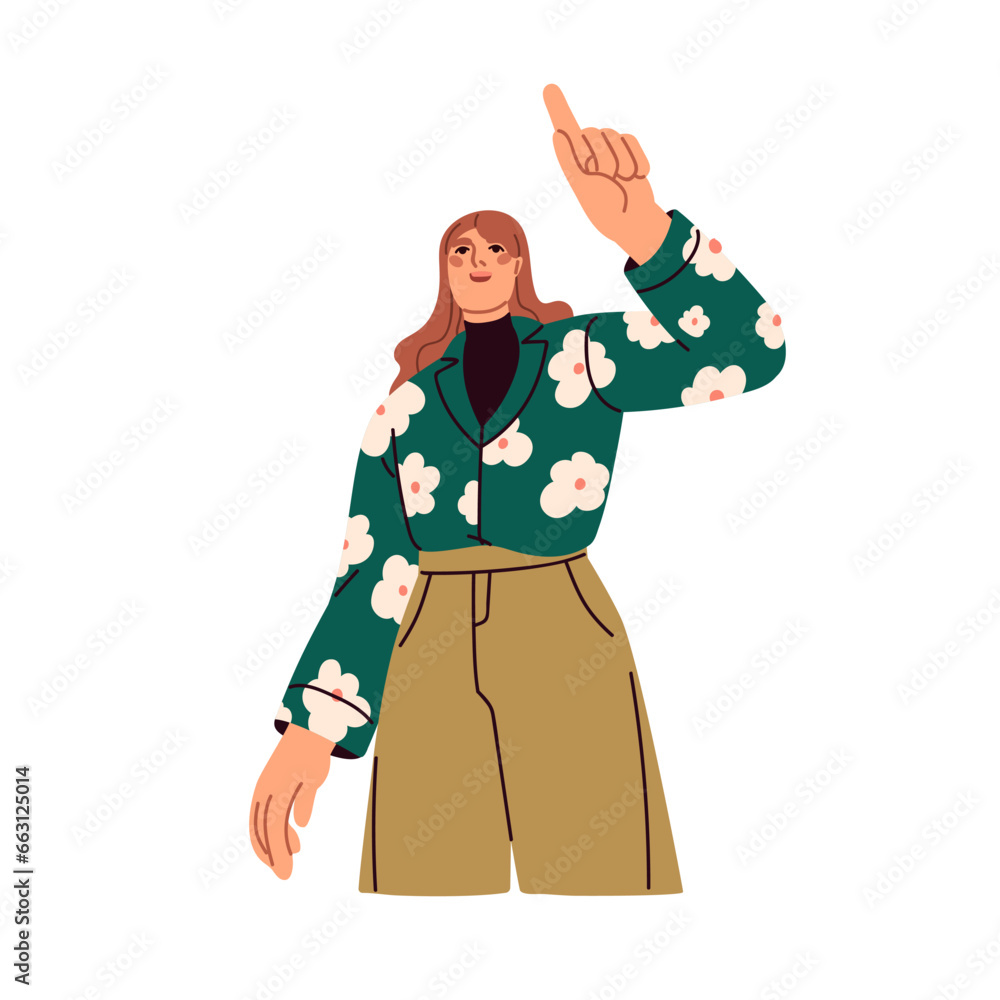 Poster happy woman indicating, pointing up with index finger. excited surprised person, female character lo