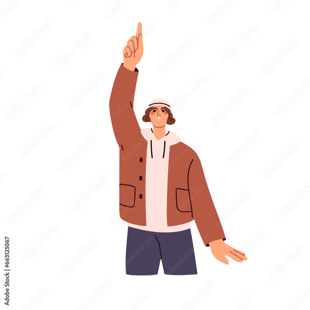 Poster man looking up, pointing, indicating something with finger. male character showing with hand, forefi