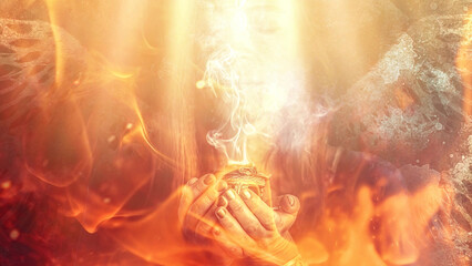 incense in a woman hand, incense smoke, - obrazy, fototapety, plakaty