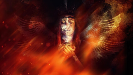 shaman woman holding incense, incense in a woman hand.