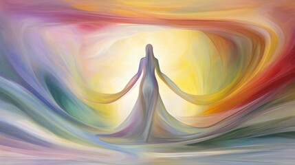 Aurora of Authenticity: Luminous, soft colors forming an abstract aurora around a figure, representing the vibrant and true self, shining amidst the backdrop of emotions