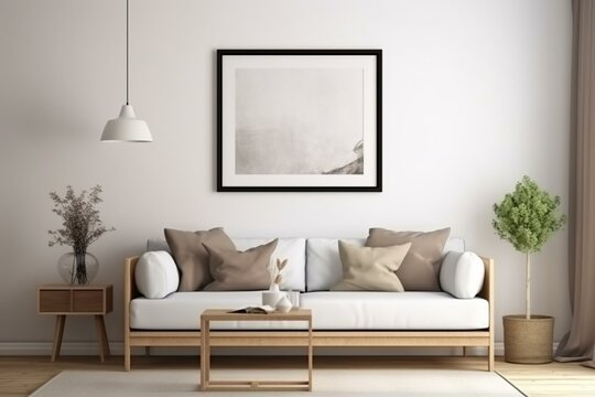 Blank frame on white wall in contemporary living room. Interior design mockup. Generative AI