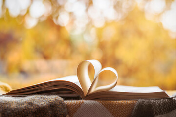 Read Books Concept. Heart Shaped Book Pages in Autumn Window Background. Love to Reading Book in...