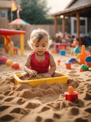 A  baby in a sandbox with colorful toys and let them dig, build, and play with sand. - obrazy, fototapety, plakaty