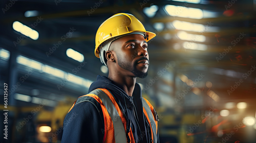 Wall mural portrait of a black male engineer working in a factory