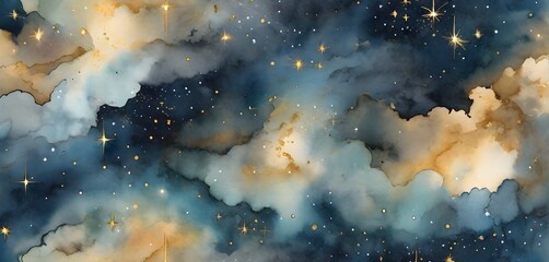 Flawless pattern of the night sky with golden foil stellar with watercolor clouds. Generative AI. - obrazy, fototapety, plakaty