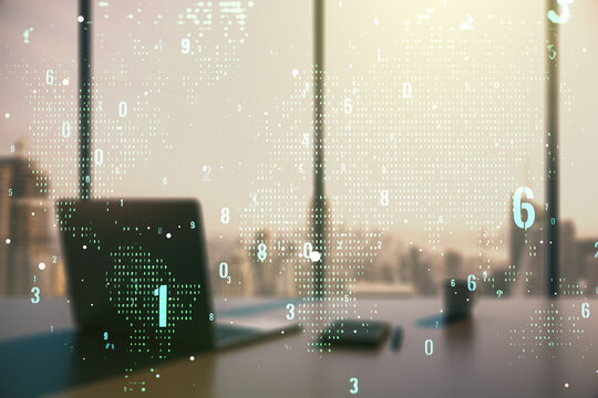 Double exposure of abstract programming language with world map and modern desktop with laptop on background, research and development concept