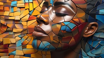 Mind's Mosaic: Abstract, interlocking shapes or tiles around a basic figure, representing the intricate puzzle of emotions, experiences, and memories in mental health