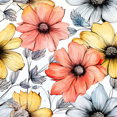 Seamless watercolor decorative flowers pattern, ai generative background