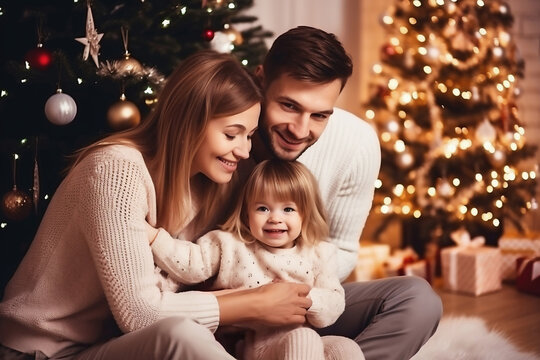 Photo of a family sitting together in front of a beautifully decorated Christmas tree