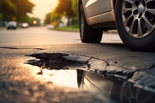 Very bad quality street with potholes. Damaged asphalt pavement road with potholes in city