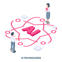 AI technologies concept. Isometric people in front of an AI sign. Vector illustration