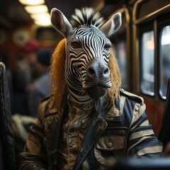 Portrait von einem Zebra der im Anzug in einem Bus sitzt