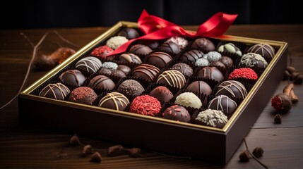 a scene with chocolate truffle assortments, beautifully presented in a decorative box