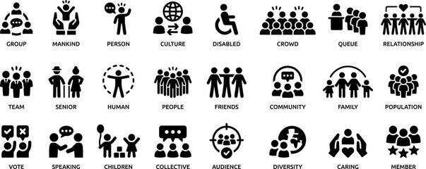 People icon set. Containing group, family, friends, population and senior icons. family, human, team, community, Solid icon collection.