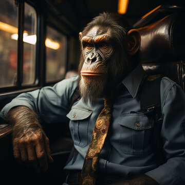 Portrait von einem Affen, der im Anzug in einem Bus sitzt