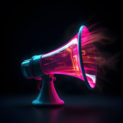 colorful neon megaphone on dark background with free text space