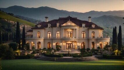 A  grand mansion nestled in the hills, surrounded by vineyards and rolling landscapes.