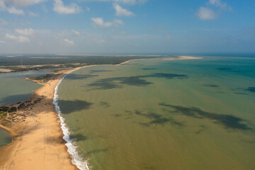 Top view of Seascape with tropical sandy beach and blue ocean. Kalpitiya, Sri Lanka.