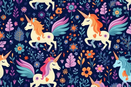 Cute fantasy unicorns in a cartoon repeat pattern. Generative AI