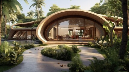 Obraz premium Modern Tropical House Open Living Concept Curved Design Arch Door With Garden and Small Farms Outdoor
