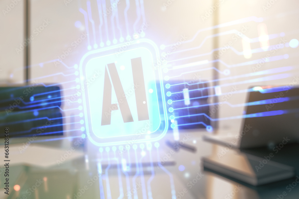 Poster double exposure of creative artificial intelligence icon and modern desktop with laptop on backgroun