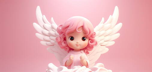 Fototapeta premium Cute 3D baby angel with wings and pink background.