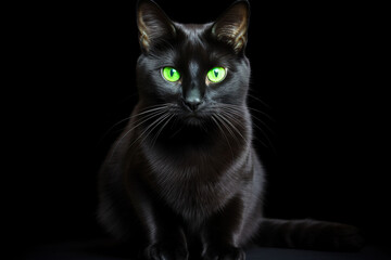 Black cat with green eyes on a black background.