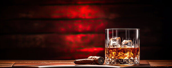 Whiskey glass on wooden table with luxury cigar. Alcohol cognac and cubanian cigar. - obrazy, fototapety, plakaty