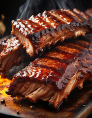 A mouthwatering close-up of succulent pork ribs sizzling on the barbecue - obrazy, fototapety, plakaty