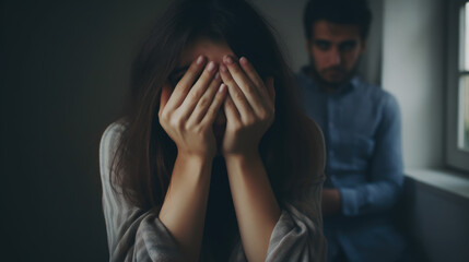 woman covers her face with her hands, man, domestic violence, sadness, pain, quarrel, spouses, depression, grief, young girl, fear, husband, wife, misunderstanding, psychological, feelings, emotions - obrazy, fototapety, plakaty