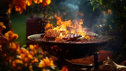 a sizzling BBQ grill in a backyard garden, the flames dancing with the aroma of succulent meats