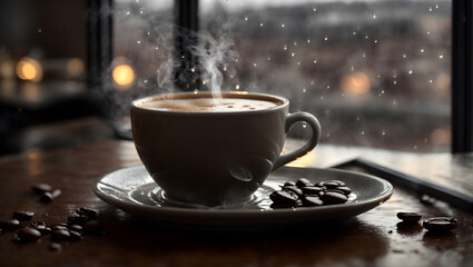Obraz premium A cup of coffee in the rainy day
