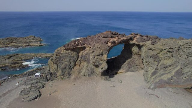Fuerteventura Island: aerial view in orbit over the Jurado arch on a sunny day with beautiful colors.