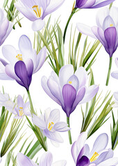 seamless pattern with purple flowers, crocuses, ornament, wallpaper, floral, plant, white background, gardening, bloom, spring, nature, bud, green, blue, petals, leaves, grass, watercolor painting