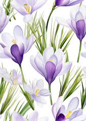 Naklejka premium seamless pattern with purple flowers, crocuses, ornament, wallpaper, floral, plant, white background, gardening, bloom, spring, nature, bud, green, blue, petals, leaves, grass, watercolor painting