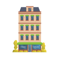 Vector illustration of townhouse and store buildings flat and front view isolated on white background for your design