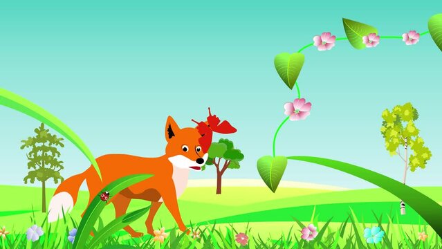 Cartoon Red fox walk in nature landscape