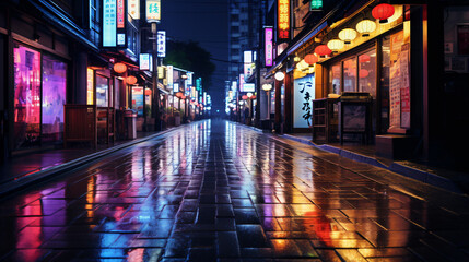 Japan neon lights wet road street background