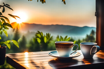 a cup of tea with beautiful morning view of nature