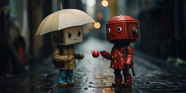 a illustration Robots in love in cyberspace city in a rain, Generative AI