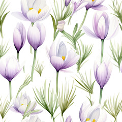 seamless pattern with purple flowers, crocuses, ornament, wallpaper, floral, plant, white background, gardening, bloom, spring, nature, bud, green, blue, petals, leaves, grass, watercolor painting