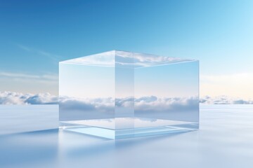 Mockup glass cube podium. Podium pedestal mock up with autumn panorama
