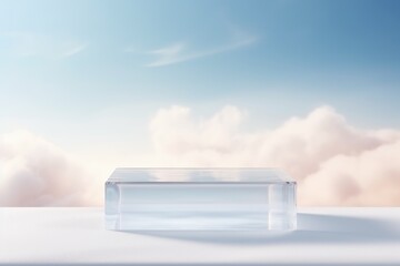 Mockup glass cube podium. Podium pedestal mock up with autumn panorama